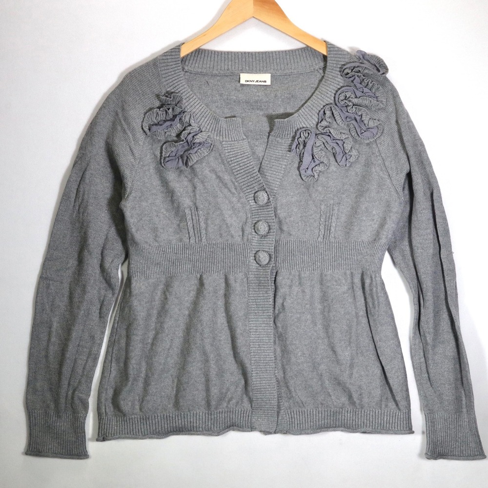 DKNY Jeans Cardigan Sweater Womens Medium M Gray Floral Rosette Empire Knit Top